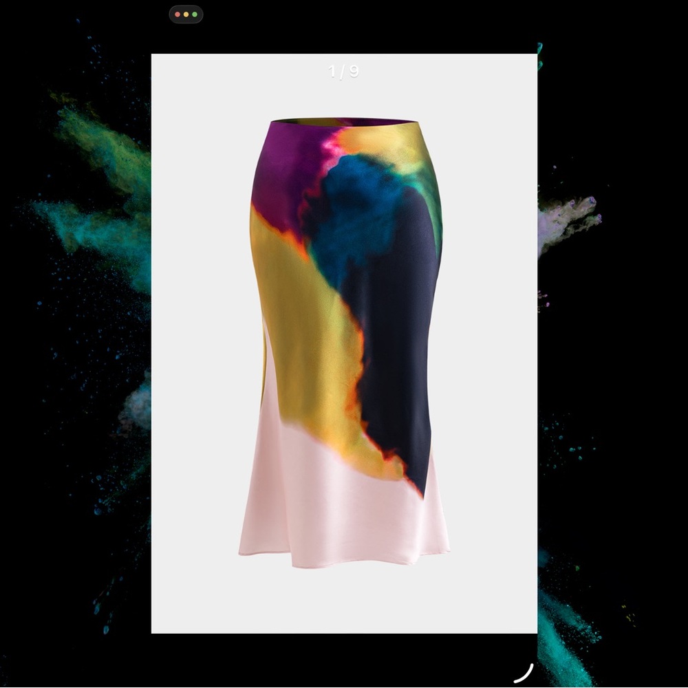 MICAS - Multicolor Satin Midi Skirt - Pink, Purple & Navy